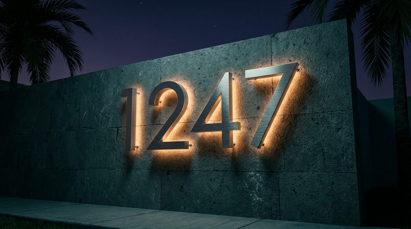 Números 3D LED 1247 retroiluminados sobre fachada de cantera oscura